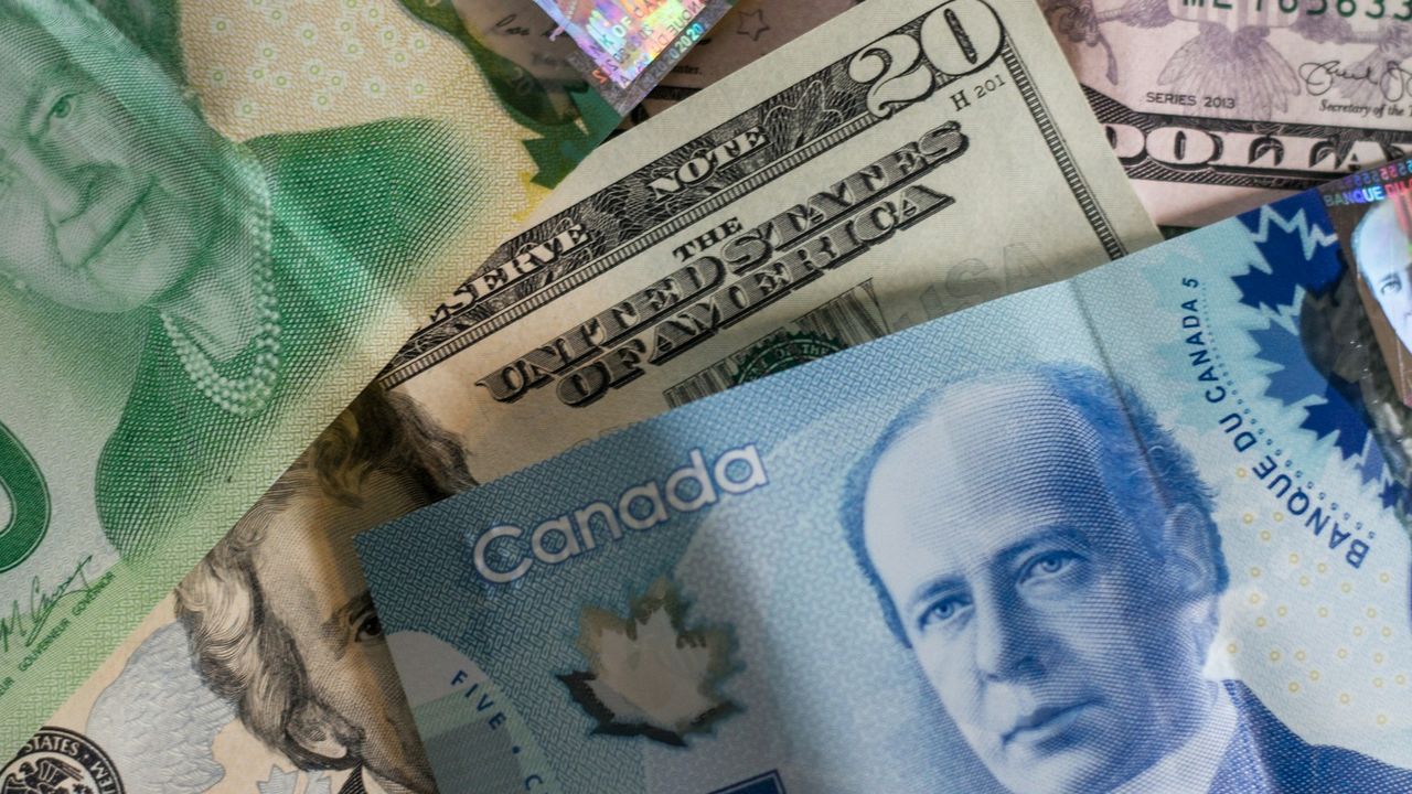 Canadian and US banknotes mixed together.