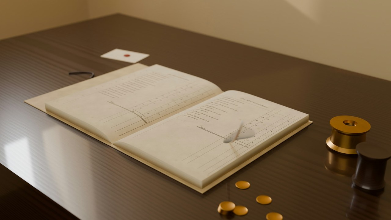 An open ledger on a dark wooden desk, a few coins beside it.